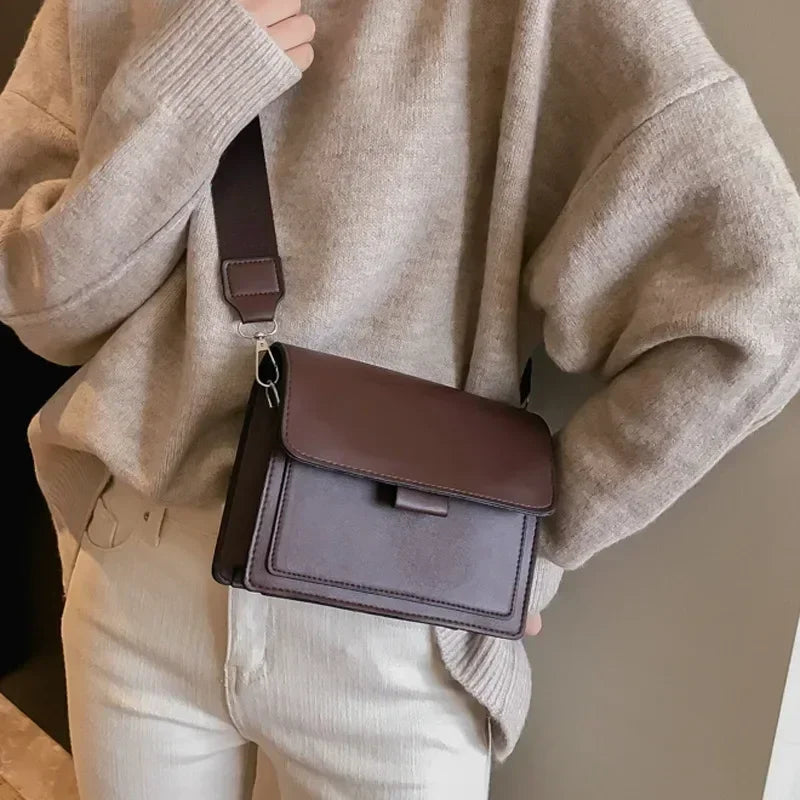 Krystal - Leather Shoulder Bag with Flap and Wide Strap Dark Brown