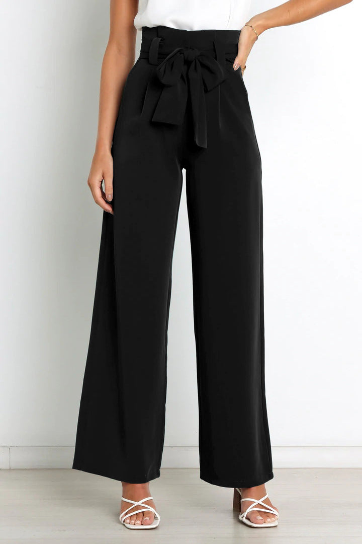 Chantal Wide-Leg Trousers with Adjustable Tie Belt Black