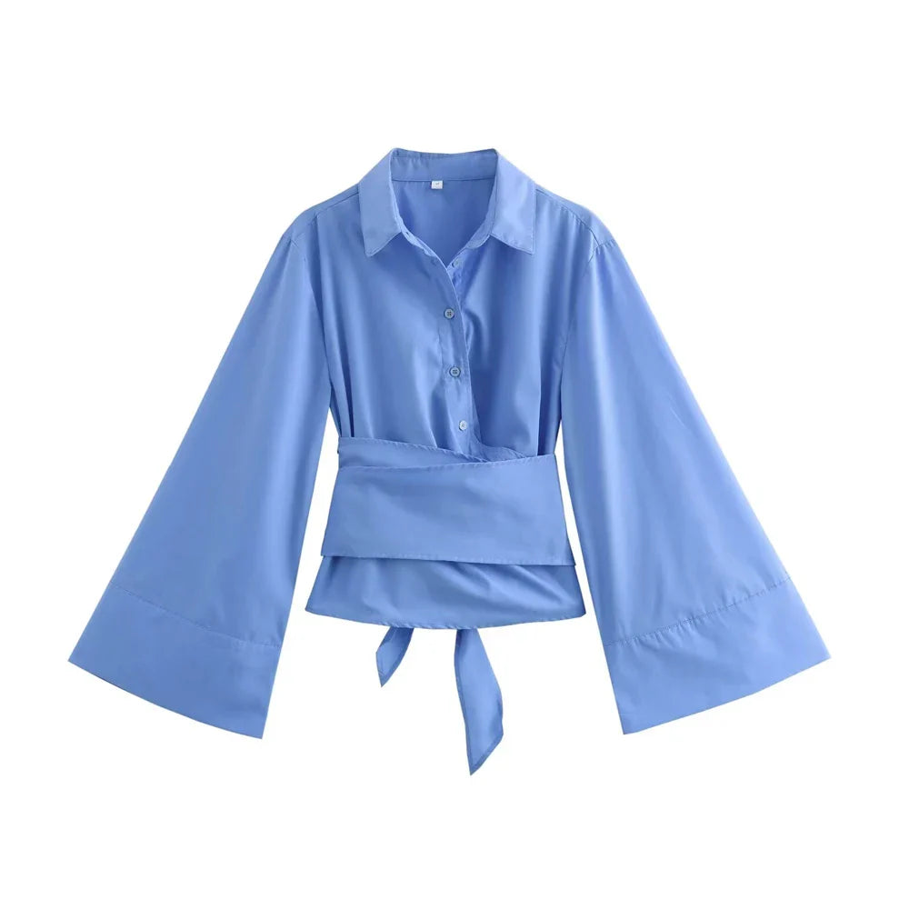Charissa Kimono Blouse Featuring a Wide Bow Belt Blue