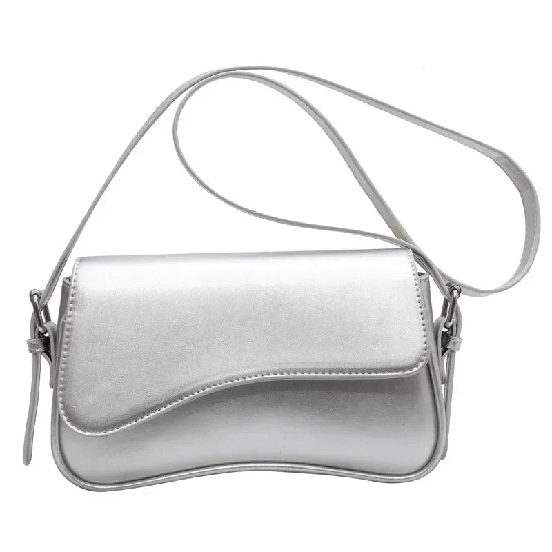 Juneesa Vintage Leather Flap Shoulder Bag Silver