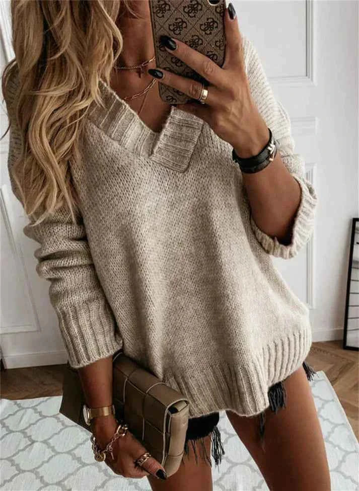Jacinth V-Neck Sweater - Stylish Knitted Apparel for Every Wardrobe Beige