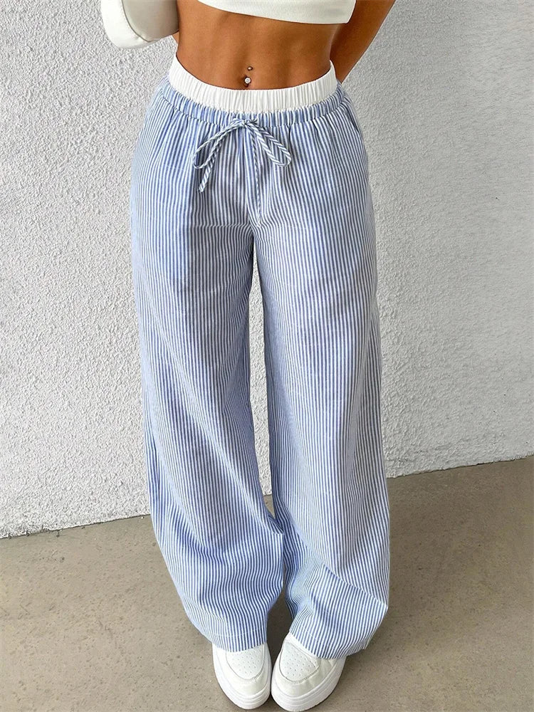 Daphne Striped Wide-Leg Casual Pants Sky Blue