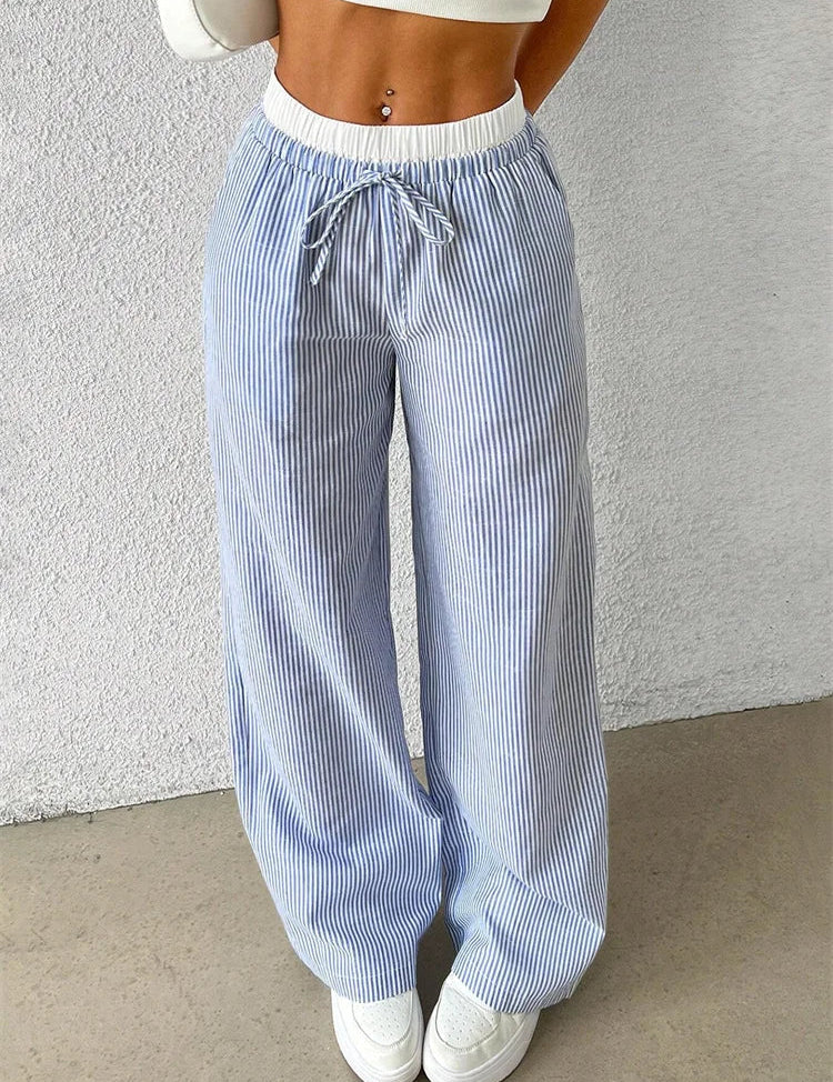 Daphne Striped Wide-Leg Casual Pants Sky Blue