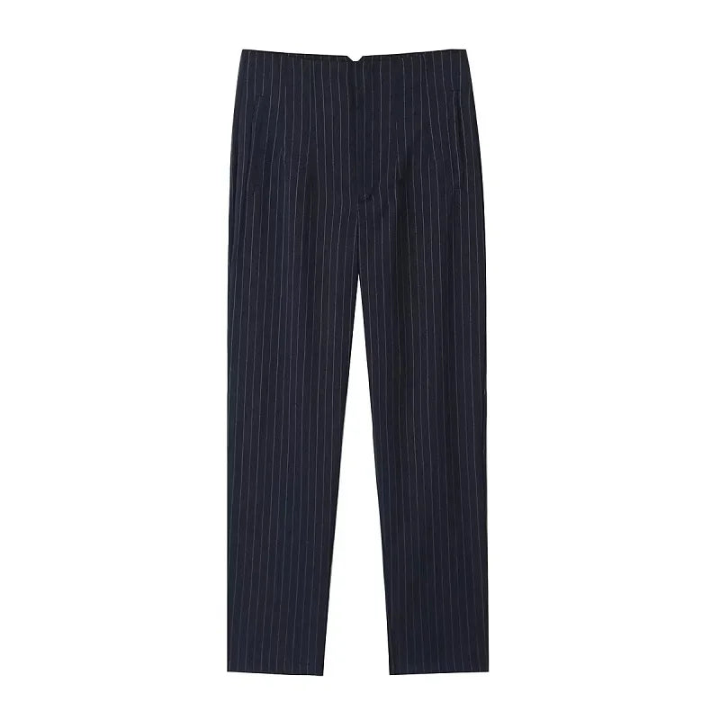 Maryanne - High-Waisted Cropped Formal Trousers Navy Stripes