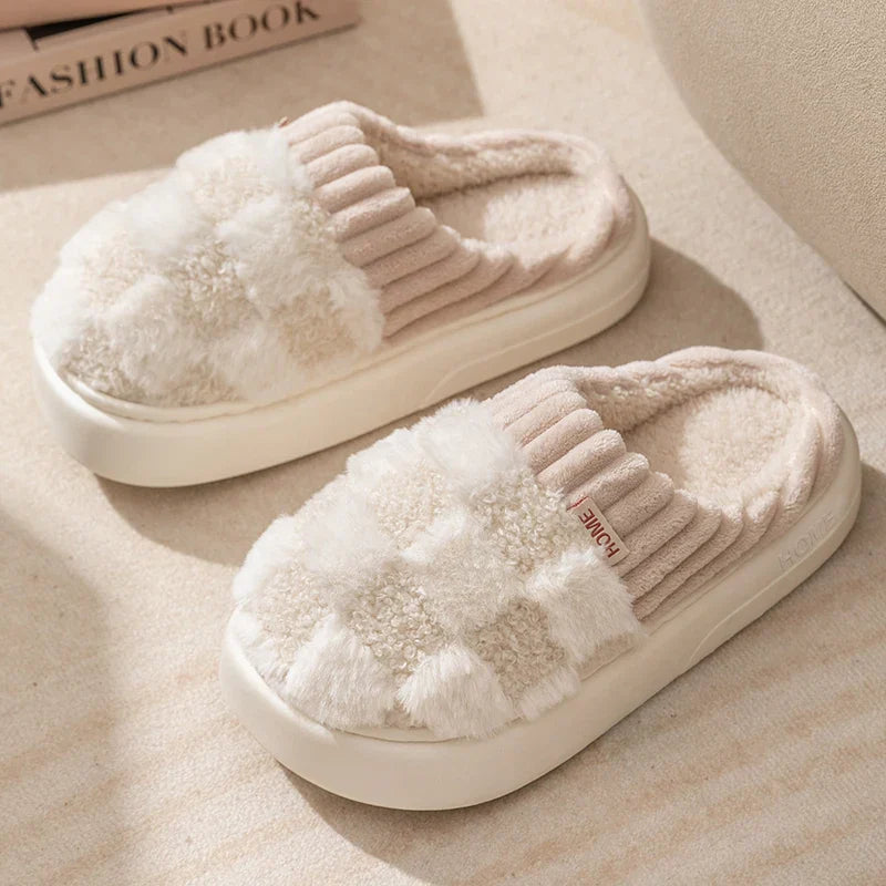 Peachy Plaid Plush Indoor Slippers White