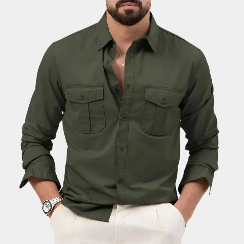 Maximilian Long Sleeve Shirt Featuring Chest Pockets Army Green