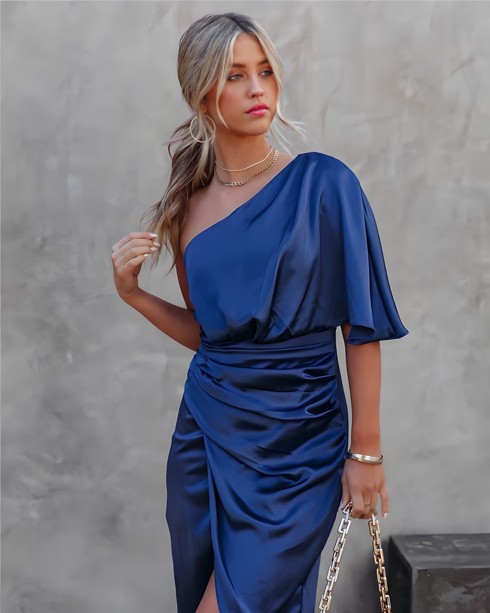 Amira Asymmetrical One-Sleeve Party Dress Blue