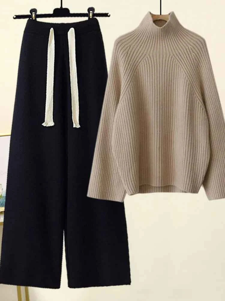 Autumn Winter Knitwear Set Turtleneck Sweater Pants