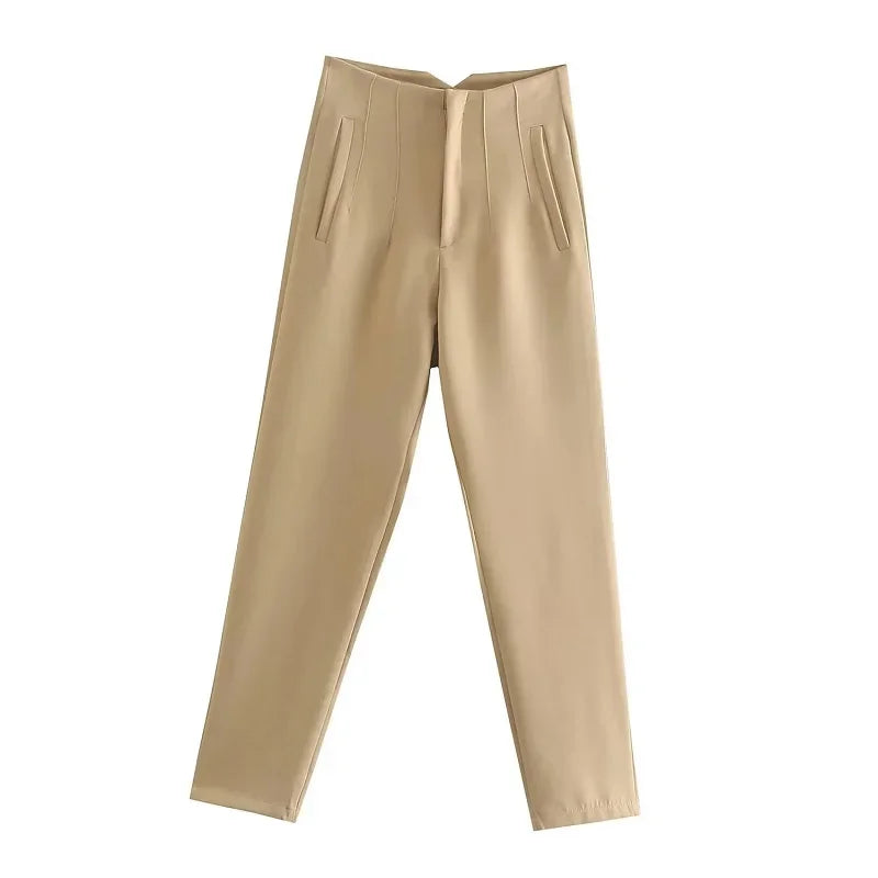 Maryanne - High-Waisted Cropped Formal Trousers Khaki