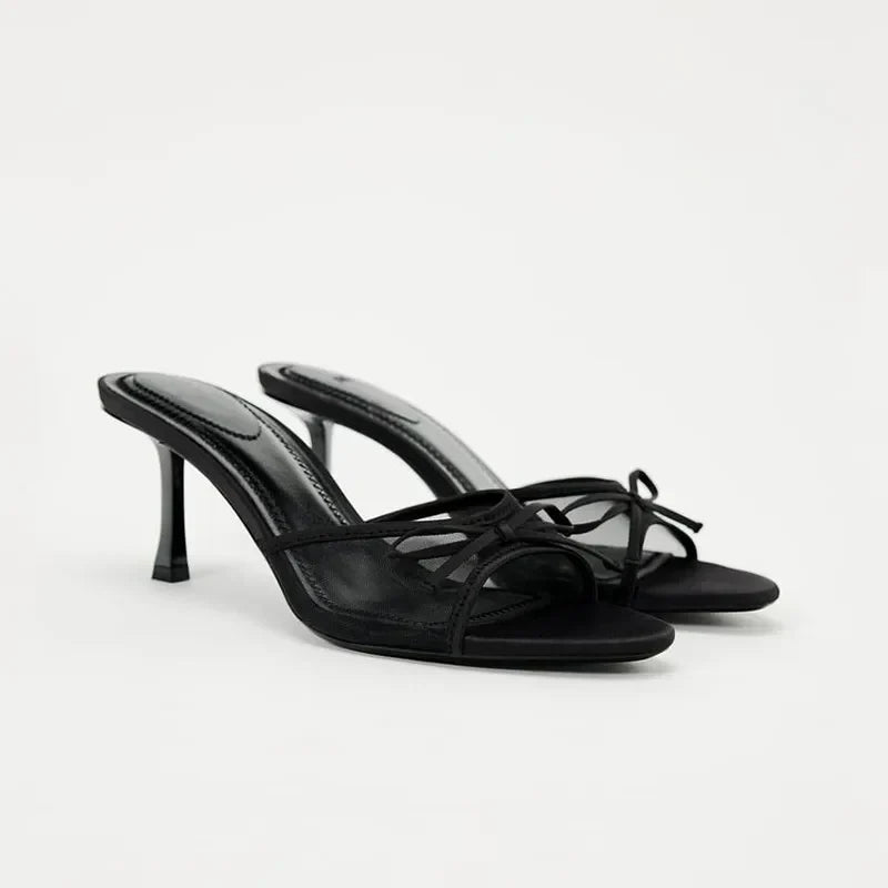 Alena Bow-Embellished Slip-On Sandals Black