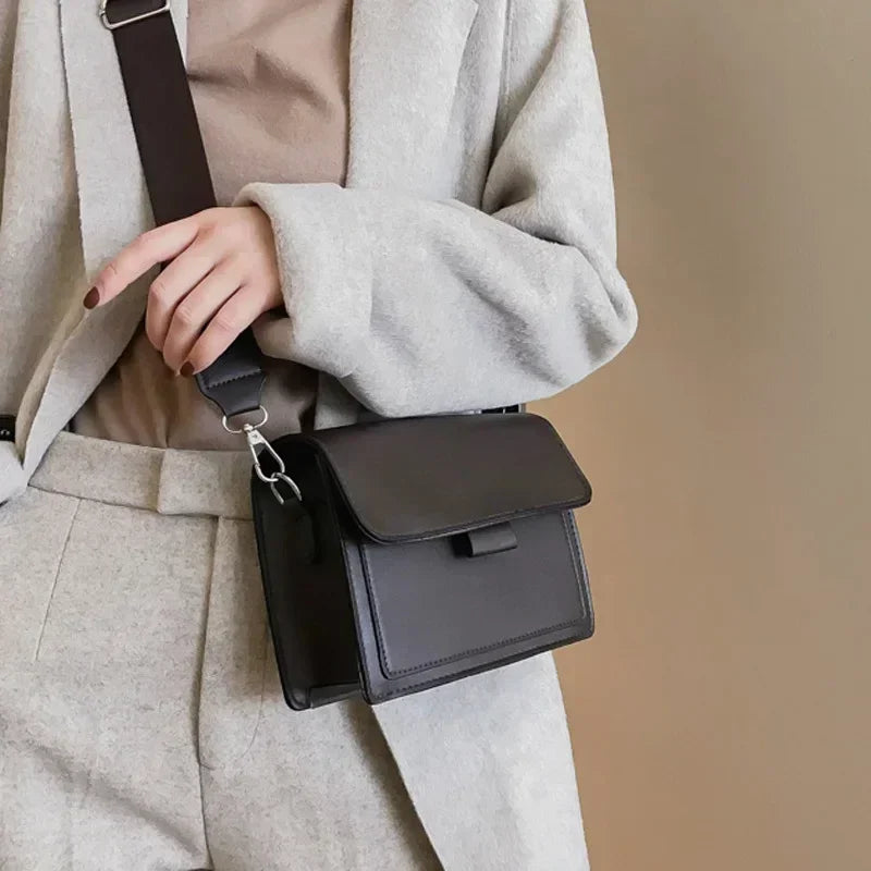 Krystal - Leather Shoulder Bag with Flap and Wide Strap Coffee