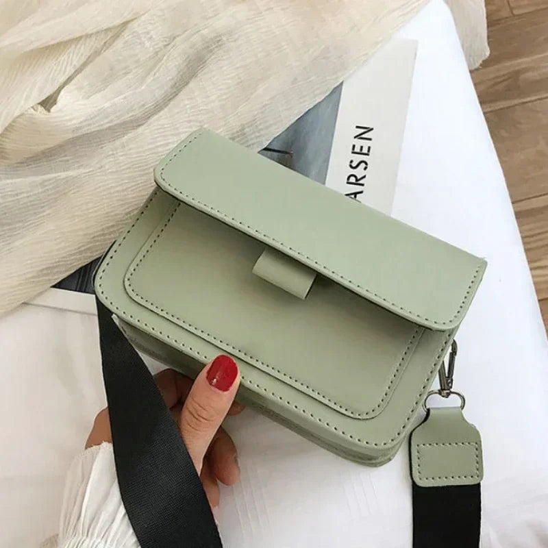 Krystal - Leather Shoulder Bag with Flap and Wide Strap Light Green