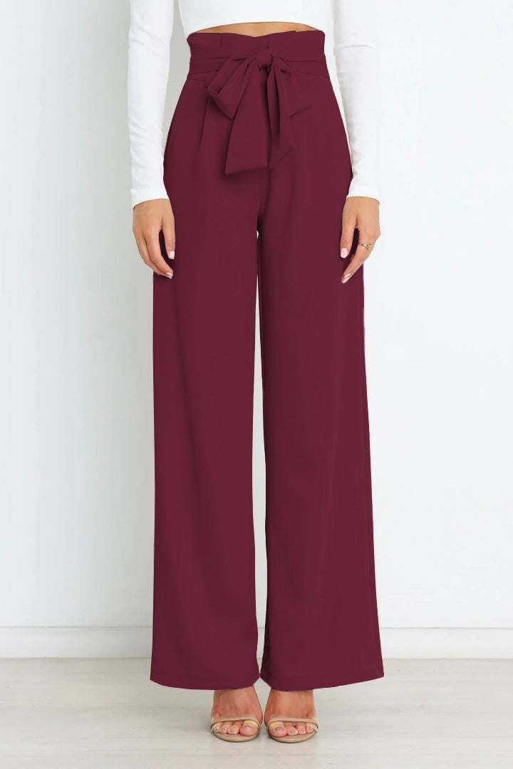 Chantal Wide-Leg Trousers with Adjustable Tie Belt Wine Red