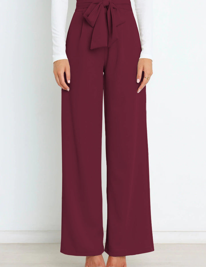 Chantal Wide-Leg Trousers with Adjustable Tie Belt Wine Red