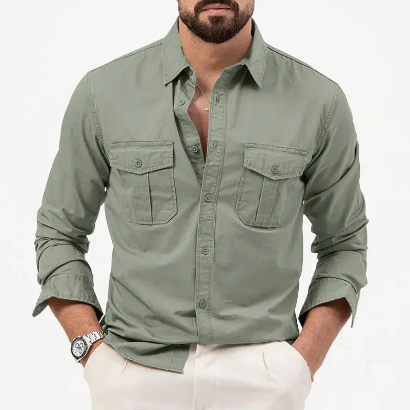 Maximilian Long Sleeve Shirt Featuring Chest Pockets Gray Green