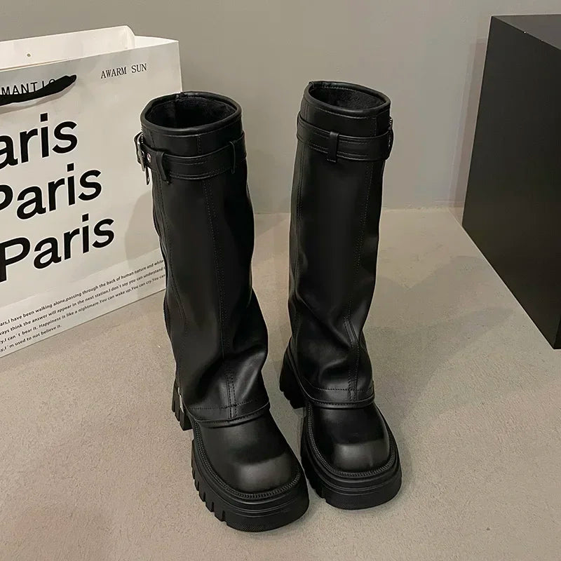 Ambrose Knee-High Platform Booties Black