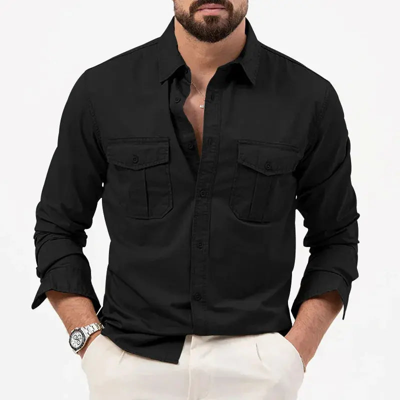 Maximilian Long Sleeve Shirt Featuring Chest Pockets Black
