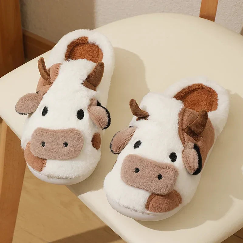 Plush-Lined Amelie Cow Slippers Khaki