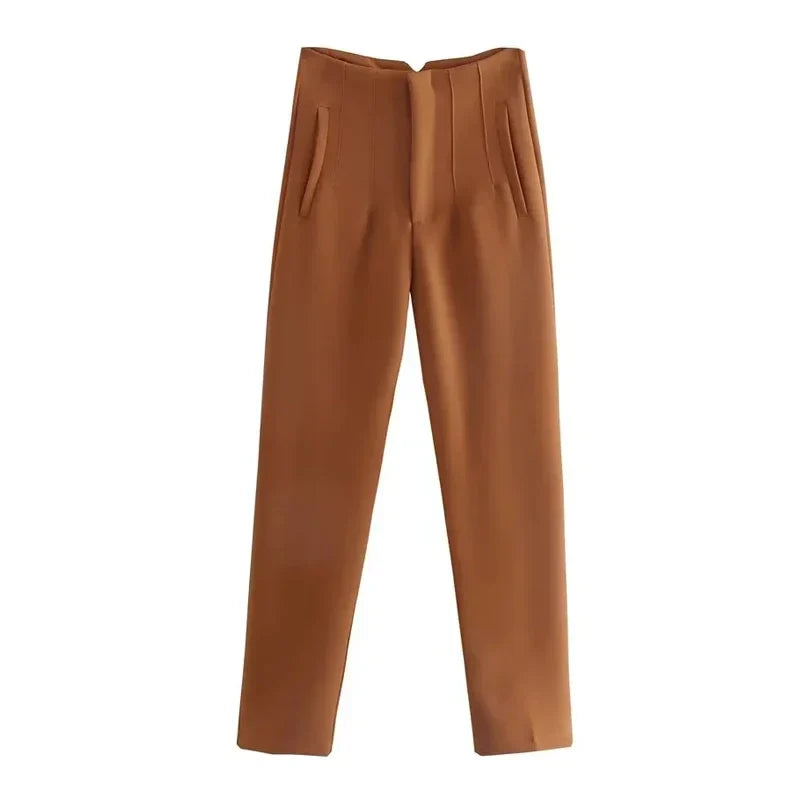 Maryanne - High-Waisted Cropped Formal Trousers Brown