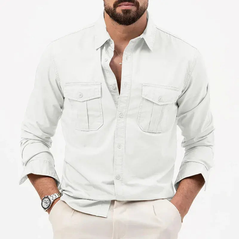 Maximilian Long Sleeve Shirt Featuring Chest Pockets White