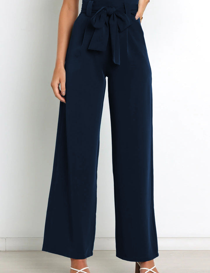 Chantal Wide-Leg Trousers with Adjustable Tie Belt Navy Blue