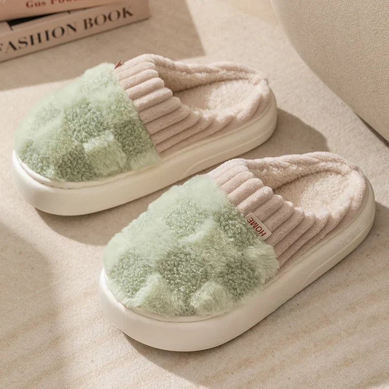 Peachy Plaid Plush Indoor Slippers Green
