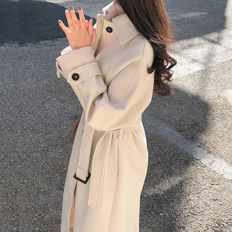 Maia - Buttoned & Belted Long Trench Coat Beige