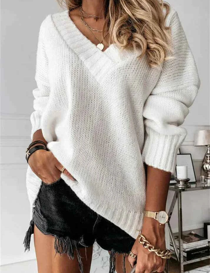 Jacinth V-Neck Sweater - Stylish Knitted Apparel for Every Wardrobe White