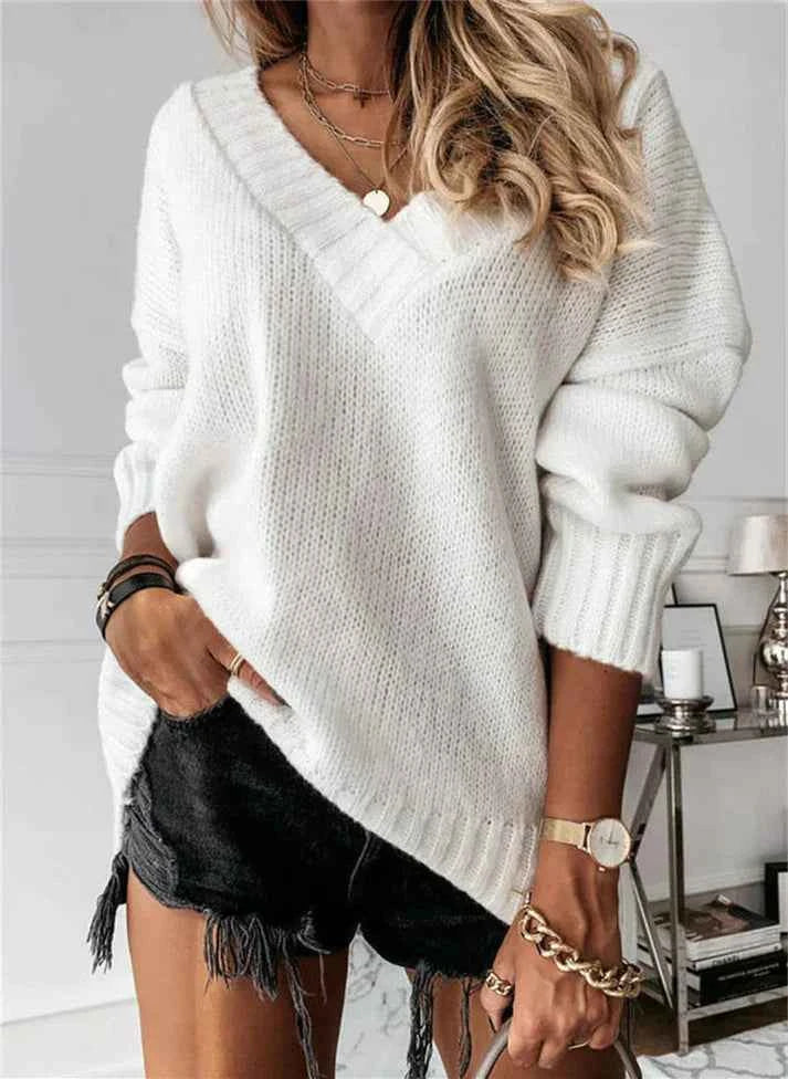 Jacinth V-Neck Sweater - Stylish Knitted Apparel for Every Wardrobe White