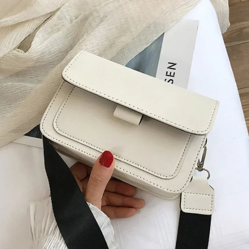 Krystal - Leather Shoulder Bag with Flap and Wide Strap White