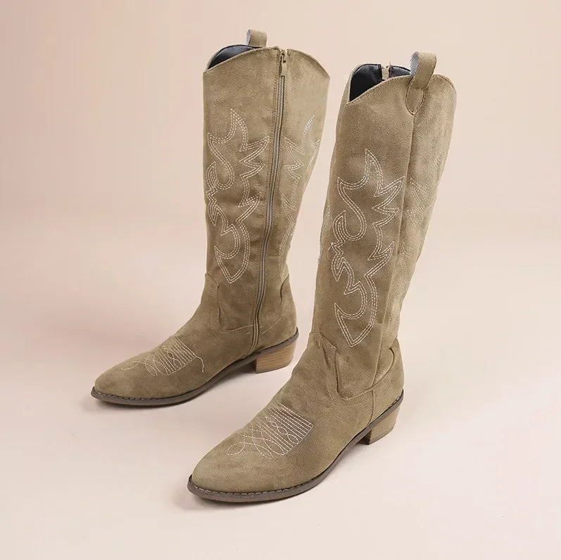 Georgia - Embroidered Knee-High Cowboy Boots Khaki