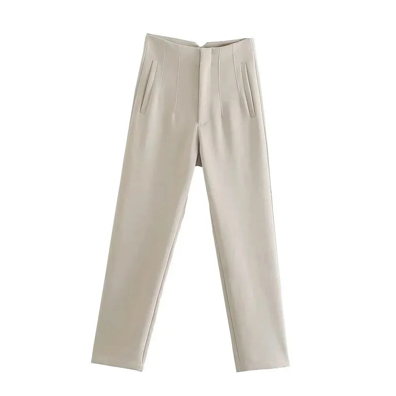 Maryanne - High-Waisted Cropped Formal Trousers Beige