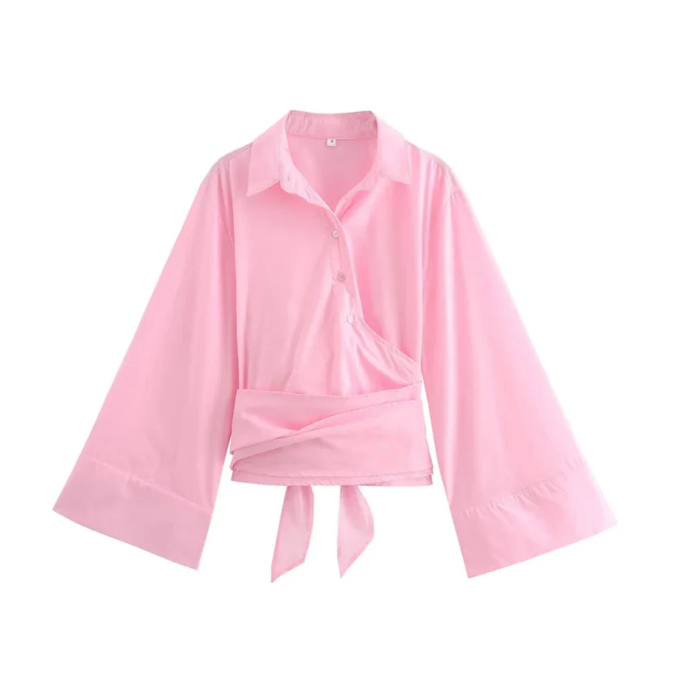 Charissa Kimono Blouse Featuring a Wide Bow Belt Pink