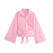 Charissa Kimono Blouse Featuring a Wide Bow Belt Pink