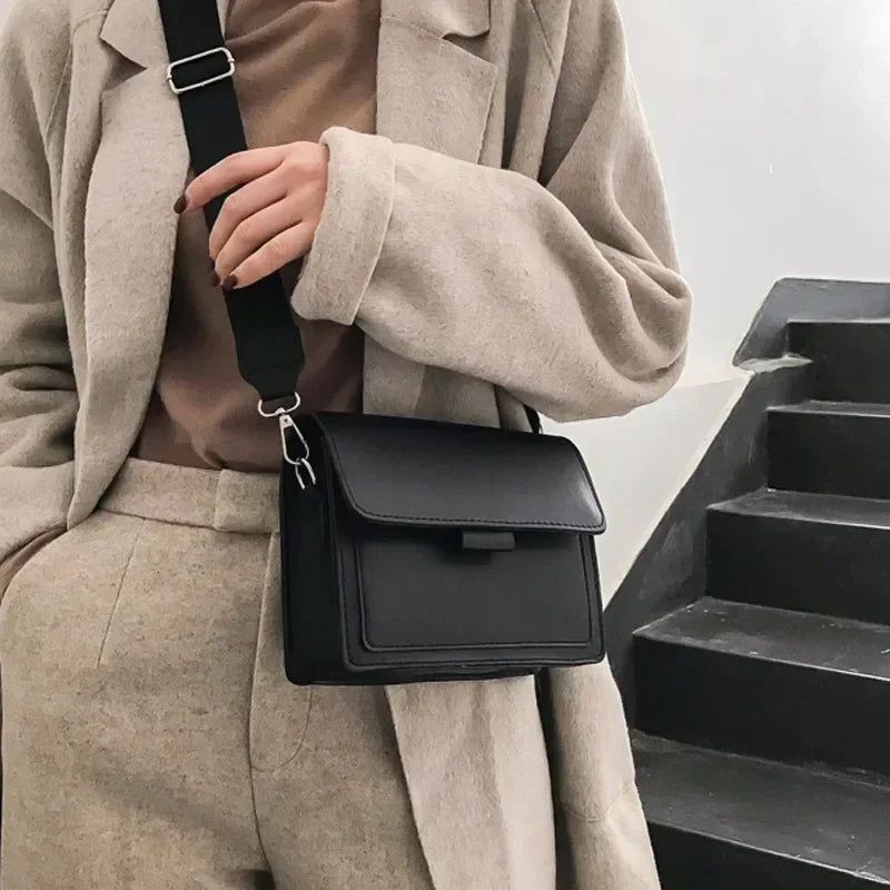 Krystal - Leather Shoulder Bag with Flap and Wide Strap Black