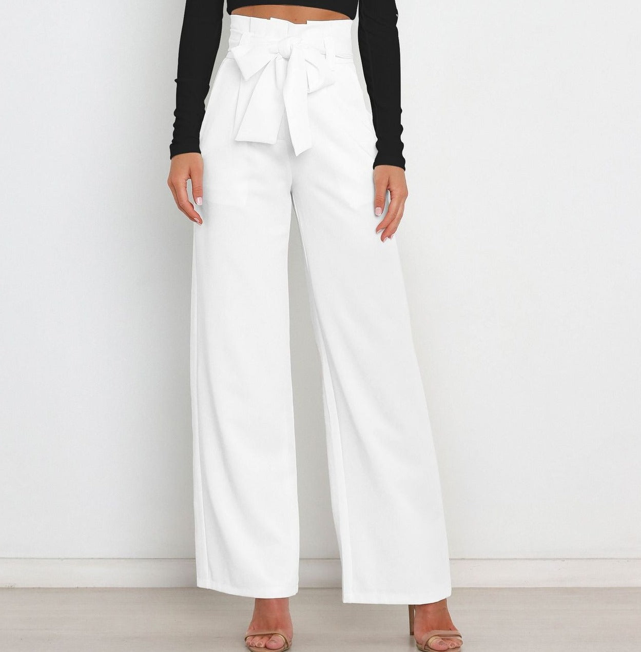 Chantal Wide-Leg Trousers with Adjustable Tie Belt White