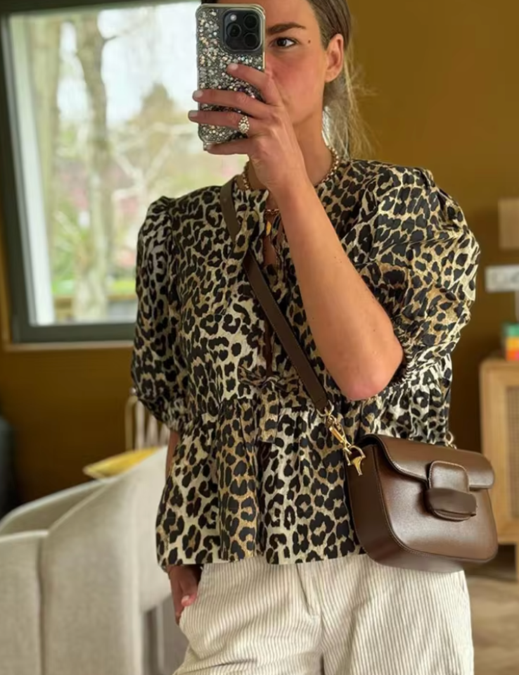 Harriett - Elegant Baggy Fit Peplum Blouse Leopard