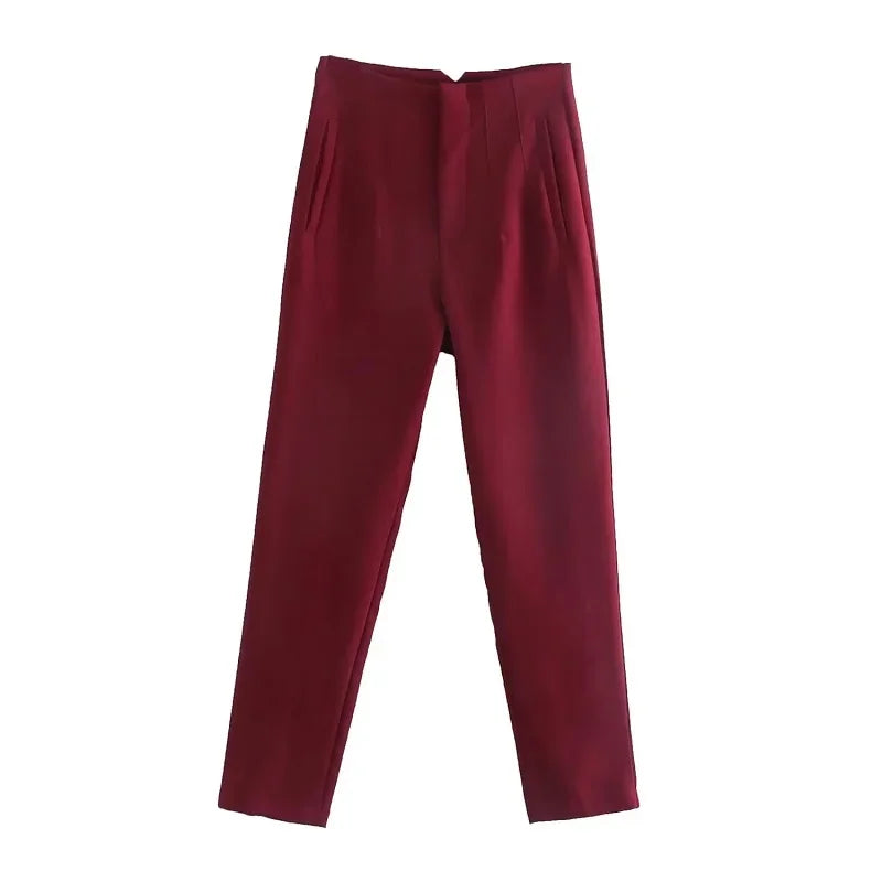 Maryanne - High-Waisted Cropped Formal Trousers Wine Red