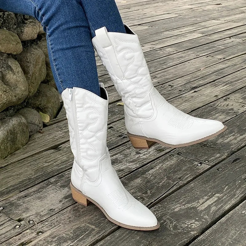 Josefa - Vintage-Inspired Cowboy Boots with Embroidered Accents White