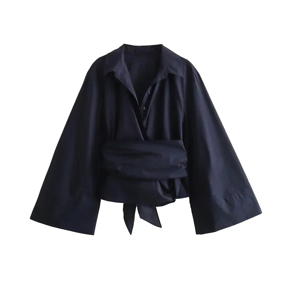 Charissa Kimono Blouse Featuring a Wide Bow Belt Navy Blue