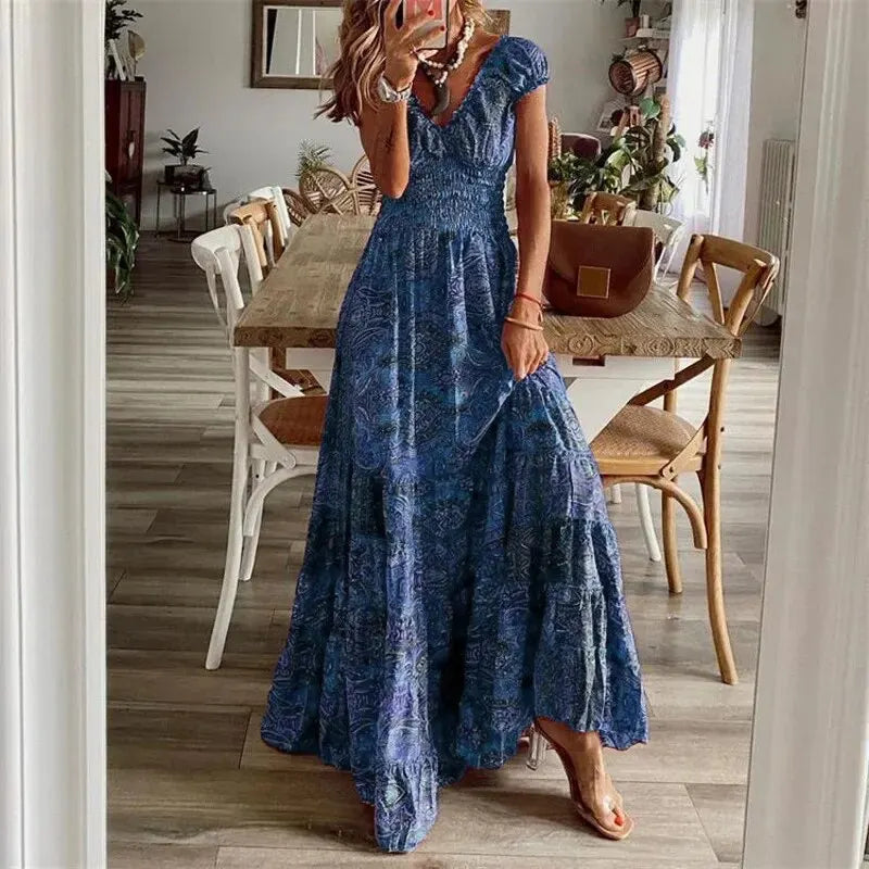 Noa - Short Sleeve Boho Dress Blue