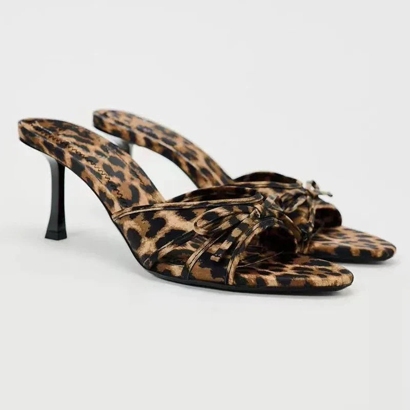 Bow-Embellished Alena Slip-On Sandals Leopard Pattern