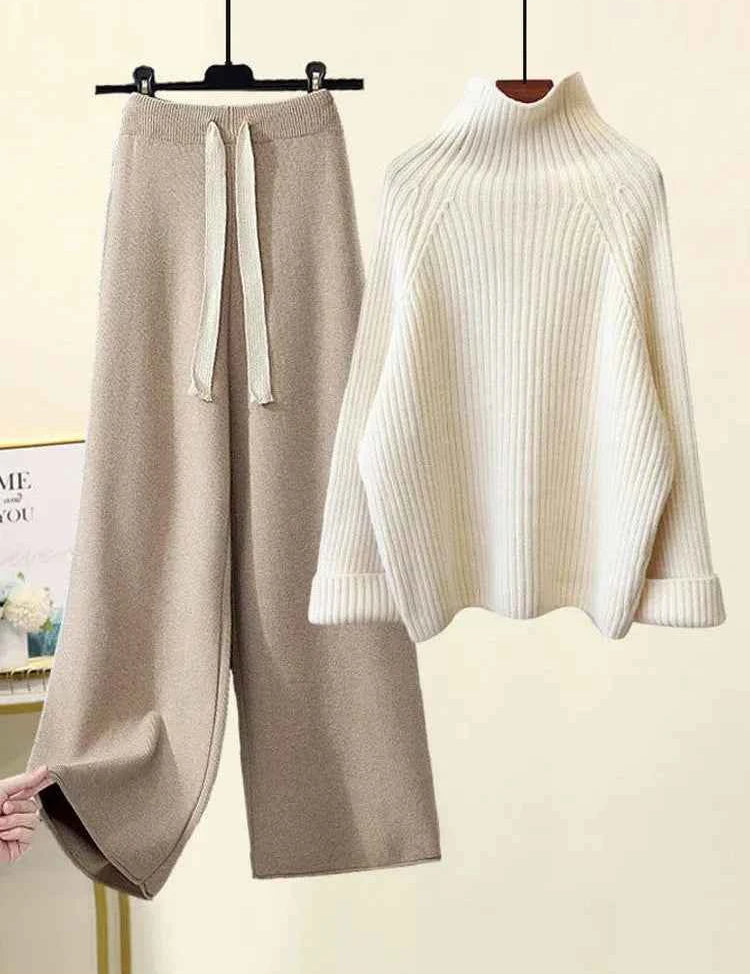 Autumn Winter Knitwear Set Turtleneck Sweater Pants
