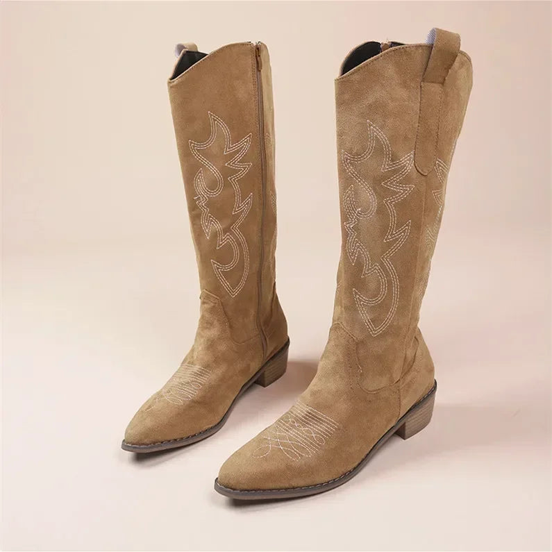 Georgia - Embroidered Knee-High Cowboy Boots Dark Brown