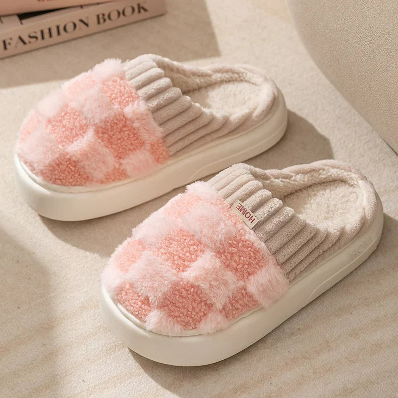 Peachy Plaid Plush Indoor Slippers Pink