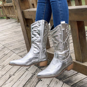 Josefa - Vintage-Inspired Cowboy Boots with Embroidered Accents Silver