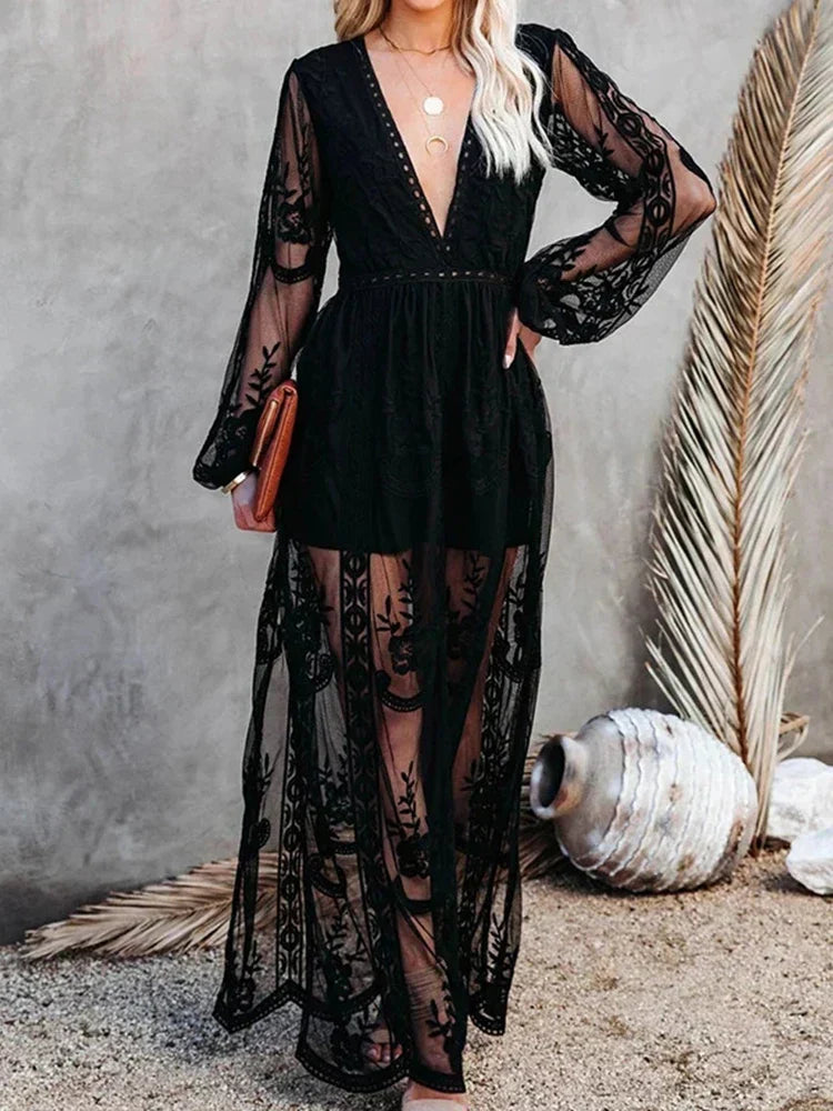 Tilda - Bohemian Lace Maxi Dress Black