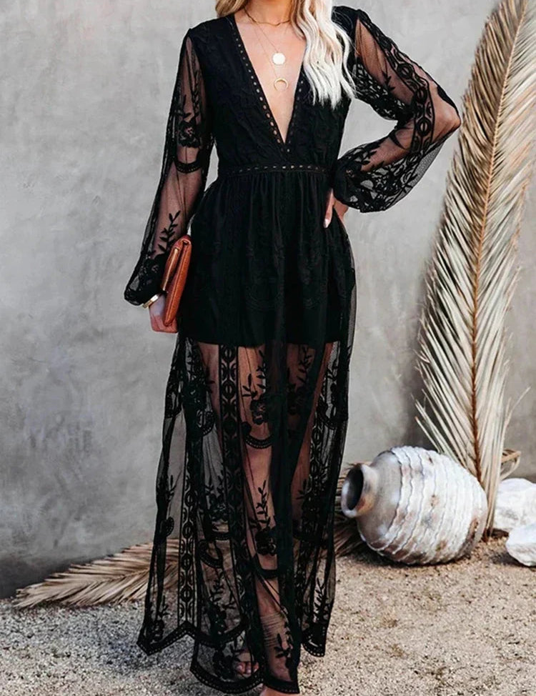 Tilda - Bohemian Lace Maxi Dress Black