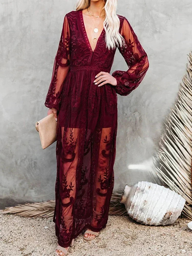 Tilda - Bohemian Lace Maxi Dress Burgundy