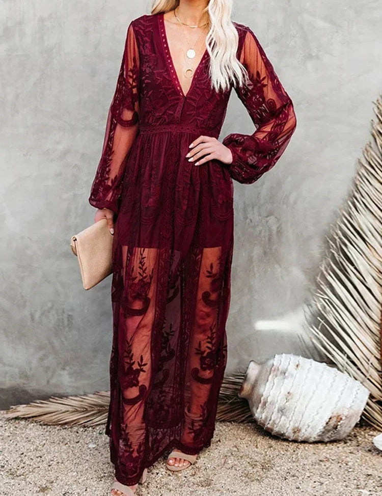 Tilda - Bohemian Lace Maxi Dress Burgundy